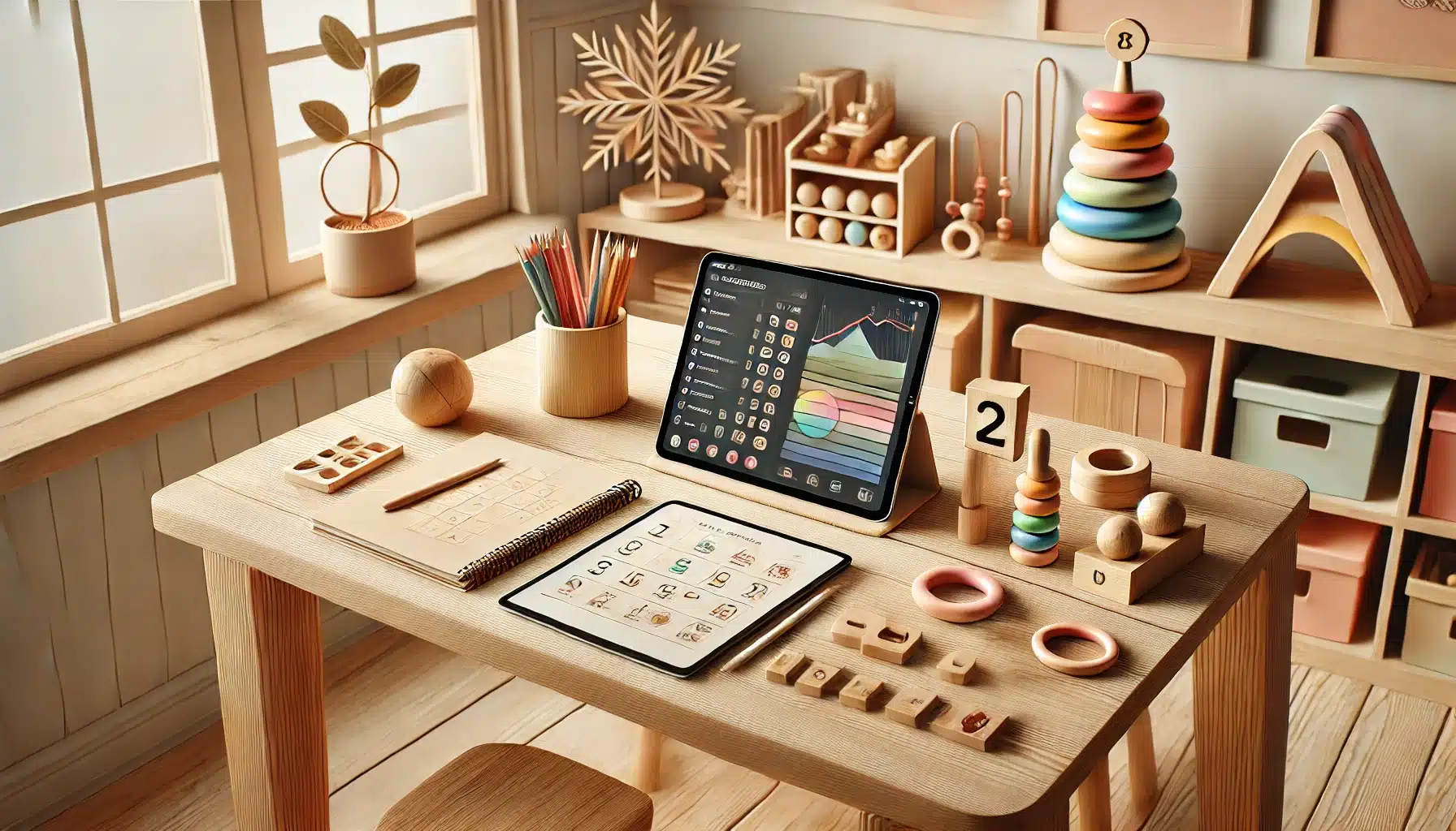 Espacio de trabajo educativo con materiales de aula en tonos cálidos
